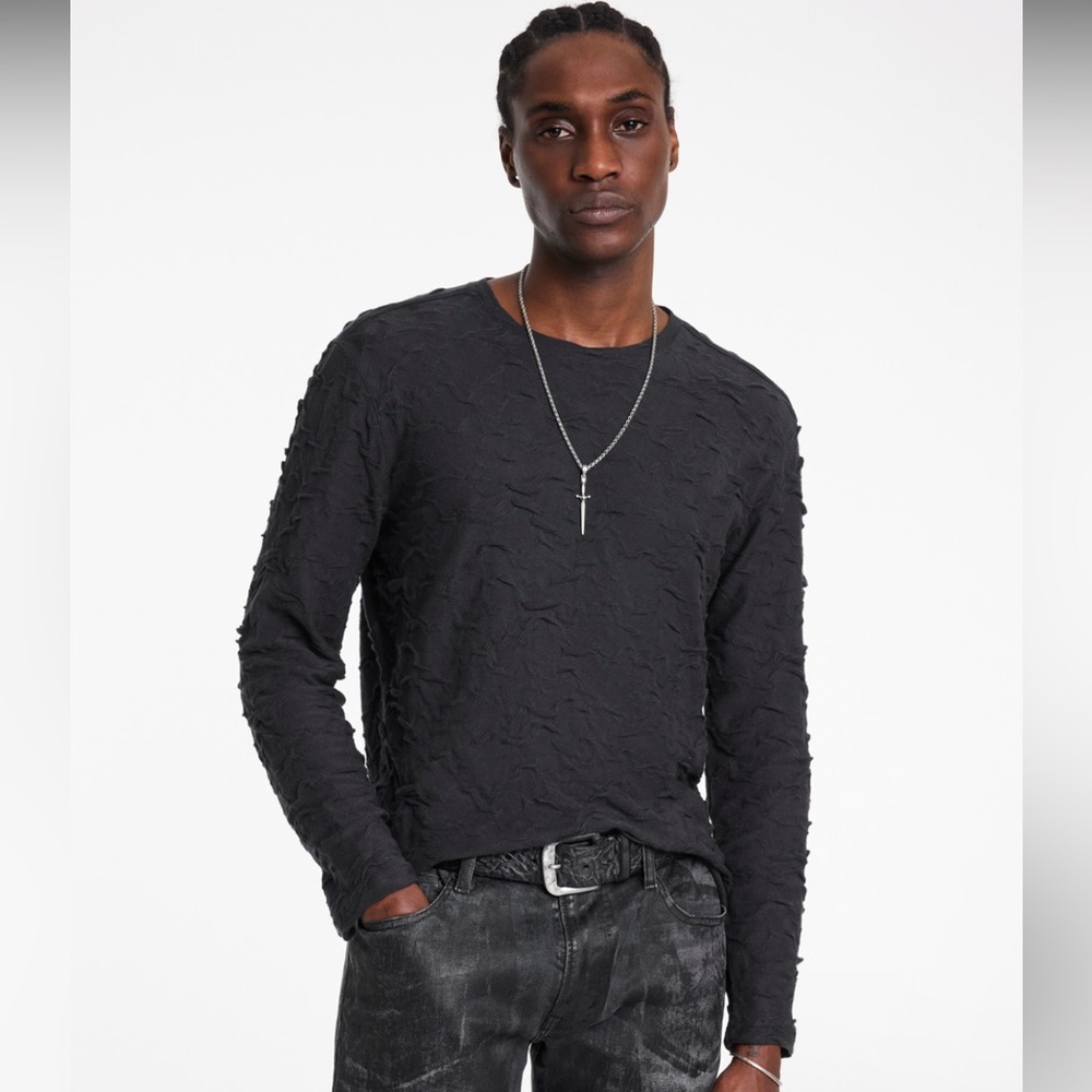 John Varvatos Men’s XL Cruzeiro Crew Black Wavy Textured Long Sleeve Tee